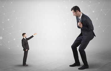 Small businessman aiming at a big businessman with connection and network concept
