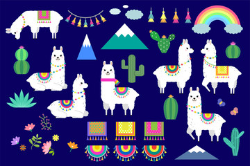 Vector set of cute llamas, alpacas and cactus collection elements for nursery design, poster, greeting, birthday card, baby shower design and party decor © laias