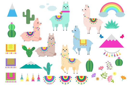 Vector set of cute llamas, alpacas and cactus collection elements for nursery design, poster, greeting, birthday card, baby shower design and party decor