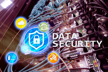 Data security, cyber crime prevention, Digital information protection. Lock icons and server room background.