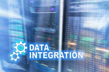 Data integration information technology concept on server room background.