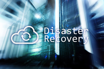 DIsaster recovery. Data loss prevention. Server room on background.