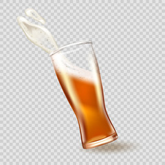 Glass with splashing beer, attractive beer mockup in 3d template on transparent background. Vector Stock illustration