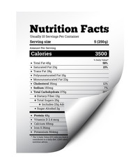 Nutrition facts label design with page curl. Vector