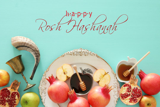 Rosh hashanah (jewish New Year holiday) concept. Traditional symbols.