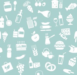 Food, seamless pattern, blue, monochrome, grocery, vector. Food and drinks, production and sale. Vector background. White icons on the blue field.  