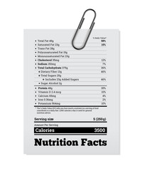 Nutrition facts label design with a paper clip. Vector