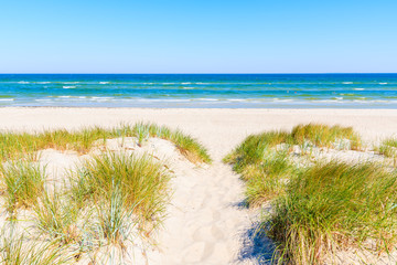 Entrance to beach and sand dunes in Lobbe village, Ruegen island, Baltic Sea, Germany