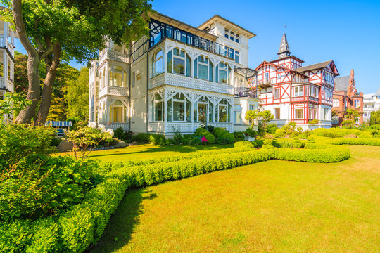 BINZ, RUEGEN ISLAND - MAY 28, 2018: Beautiful old historic villa houses in Binz summer resort town. Ruegen is very popular tourist destination because of its architecture and its long sandy beaches.