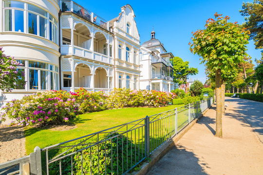 Beautiful old historic villa houses on coastal street in Binz summer resort town, Ruegen island, Germany