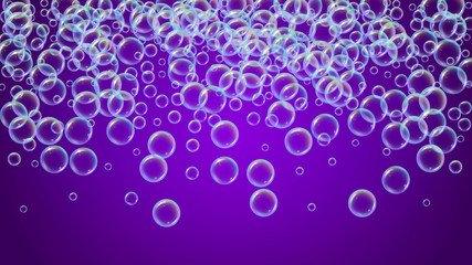 Cleaning foam on gradient background. Realistic water bubbles 3d. Cool rainbow colored liquid foam with shampoo bubbles. Cosmetic flyer and invite. Cleaning soap foam for bath and shower.