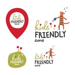 A sign of the territory intended or safe for children. Logo with a tiger watering flowers. Geo tag of a child s place. Children s drawing style.Tiger in the garden.