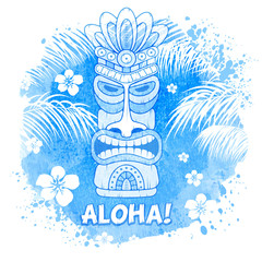 Tiki Mask On Watercolor Background © Pagina