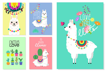 Cute llamas, alpacas and cactus illustrations for nursery design, poster, greeting, birthday card, baby shower design and party decor