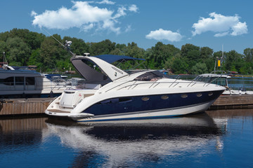 Kiev, Ukraine - June 01, 2018 : Luxurious yacht in port