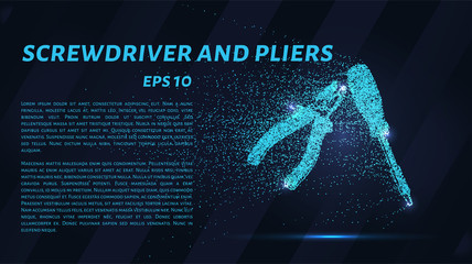 Tools of the particles. Pliers and screwdriver are composed of circles and dots.