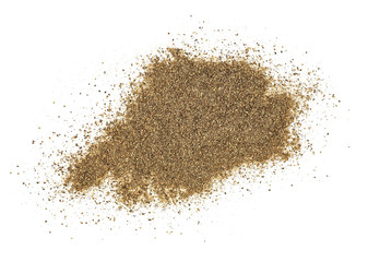 Ground black pepper isolated on a white background. Top view.