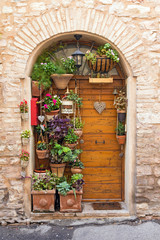 Fototapeta na wymiar Old wooden doors with a lot of pots of flowers and plants.
