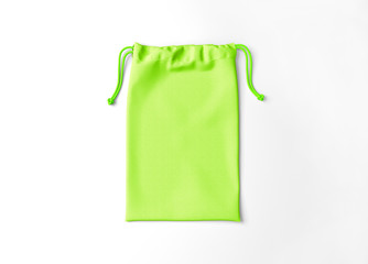Fabric cotton small bag. Isolated pouch. Drawstring bag on white background.