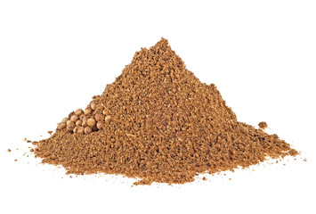 Coriander powder and seeds isolated on white background. Indian spices.