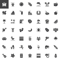 Tropical vacation vector icons set, modern solid symbol collection, filled style pictogram pack Signs logo illustration. Set includes icons as Cocktail, Yacht ship, Palm tree, Sunbed, Surfboard Bikini