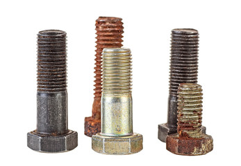 Metal bolts isolated on a white background. New and rusty.