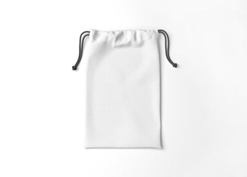 White drawstring bag on white background. Fabric cotton small bag. Isolated pouch.