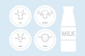 One line Icons of a cow, a goat, a sheep, a buffalo to mark different types of milk or cheese.