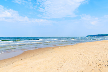 Fototapeta na wymiar View of beach in Baabe summer resort from sand dune, Ruegen island, Baltic Sea, Germany