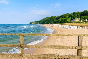 View of beach from pier in Goehren town, Ruegen island, Baltic Sea, Germany