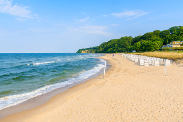 Fototapeta premium View of beach with sea waves in Goehren town, Ruegen island, Baltic Sea, Germany