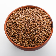 fragrant coriander seeds on a white background