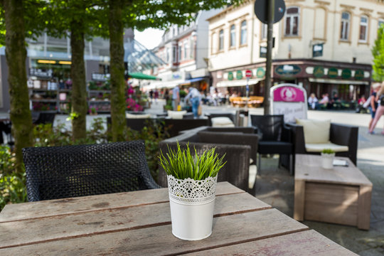 Plant in cafe and view on the Marktrasse in Wilhelmshaven, Germany.