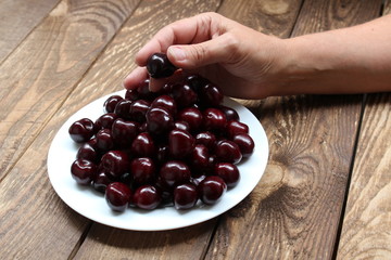 Organic ripe cherry in female hand