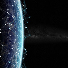 Connections system and datas exchanges on planet Earth 3D rendering