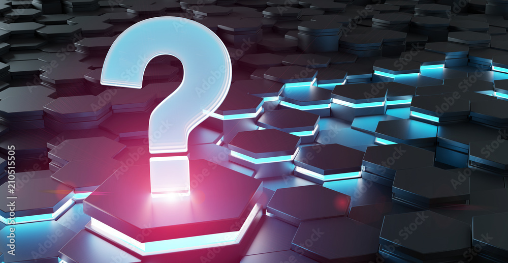 Poster black blue pink question icon on hexagons background 3d rendering