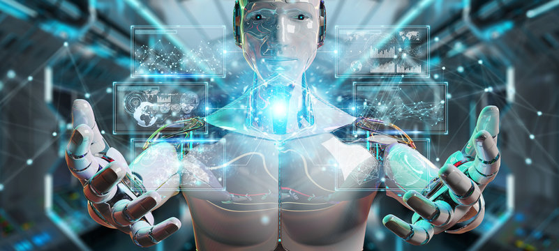 White male cyborg using digital datas interface 3D rendering