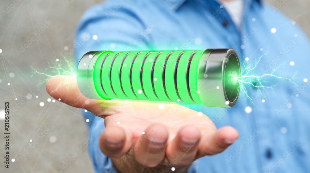 Poster businessman using green battery with lightnings 3d rendering