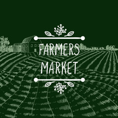 Vector Icon: Farmers Market, Farm Field Chalk Drawing and Lettering in Doodle Frame.