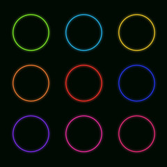 Vector Set of Neon Circles: Rainbow Colors Round Shapes Glowing.