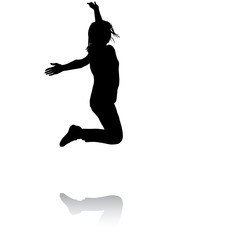 Silhouette young girl jumping with hands up, motion