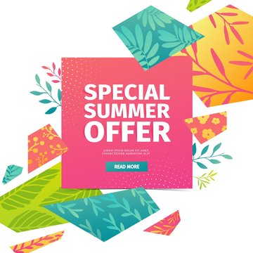 Abstract banner design for summer sale. Geometrical triangular hexagons with pattern of leaves, twig, herbs and flowers for  decoration of summer offer advertising. Template modern poster. Vector