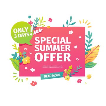 Template square banner for summer offer. Layout poster for summer discount with floral decoration, leaf and blossom flower. Season sale design. Vector