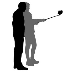 Silhouettes man and woman taking selfie with smartphone on white background