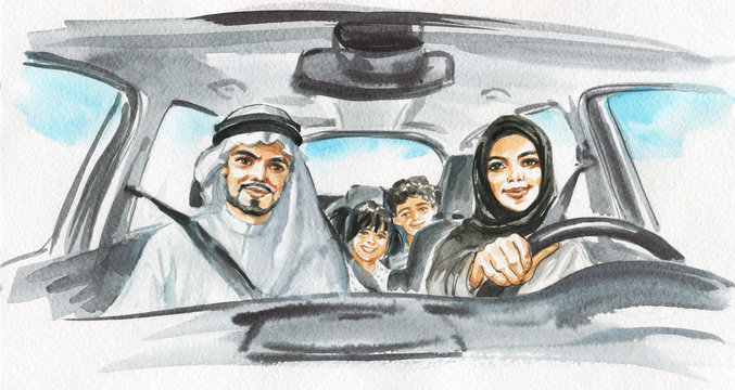 Hand drawn arabian woman drive a car. Watercolor portrait of modern and free muslim lady. Sketching family illustration
