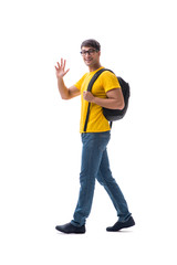 Young student with backpack isolated on white 