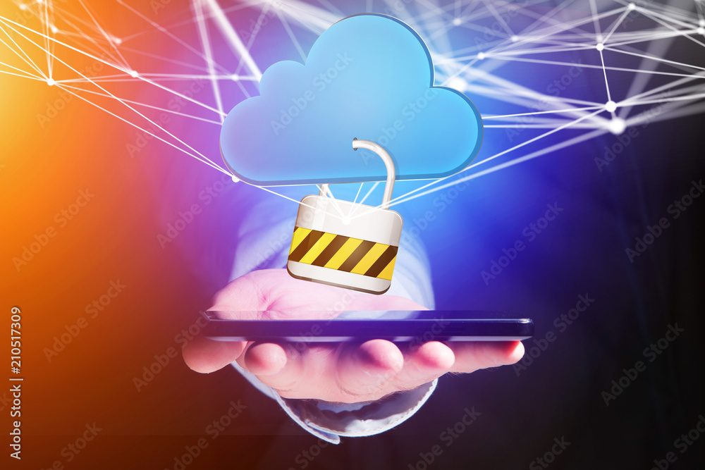 Poster padlock security connected to a cloud displayed on a futuristic interface - connection concept
