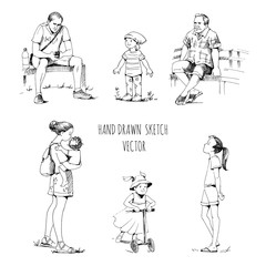 Fototapeta na wymiar Children and parents, stroll with children. Hand-drawn vector sketch set