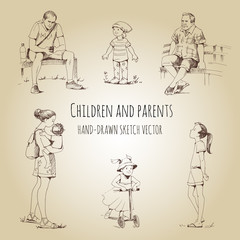 Fototapeta na wymiar Children and parents, stroll with children. Hand-drawn vector sketch set