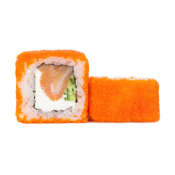 Traditional fresh japanese roll with salmon, nori, philadelphia, tobico  and cucumber, isolated on a white background.